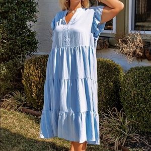 Entro Blue Tiered Midi Dress with pockets